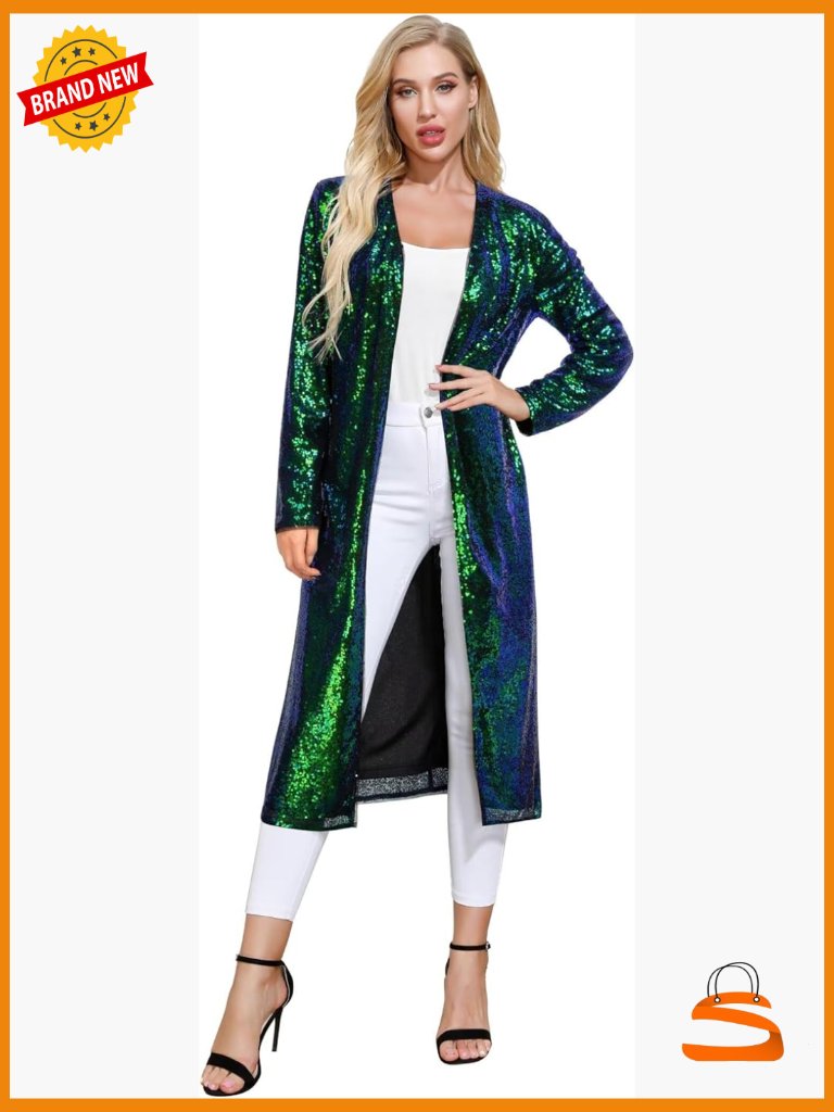 Long Sequin Open Front Blazer Evening Jacket Sparkly Formal Coat